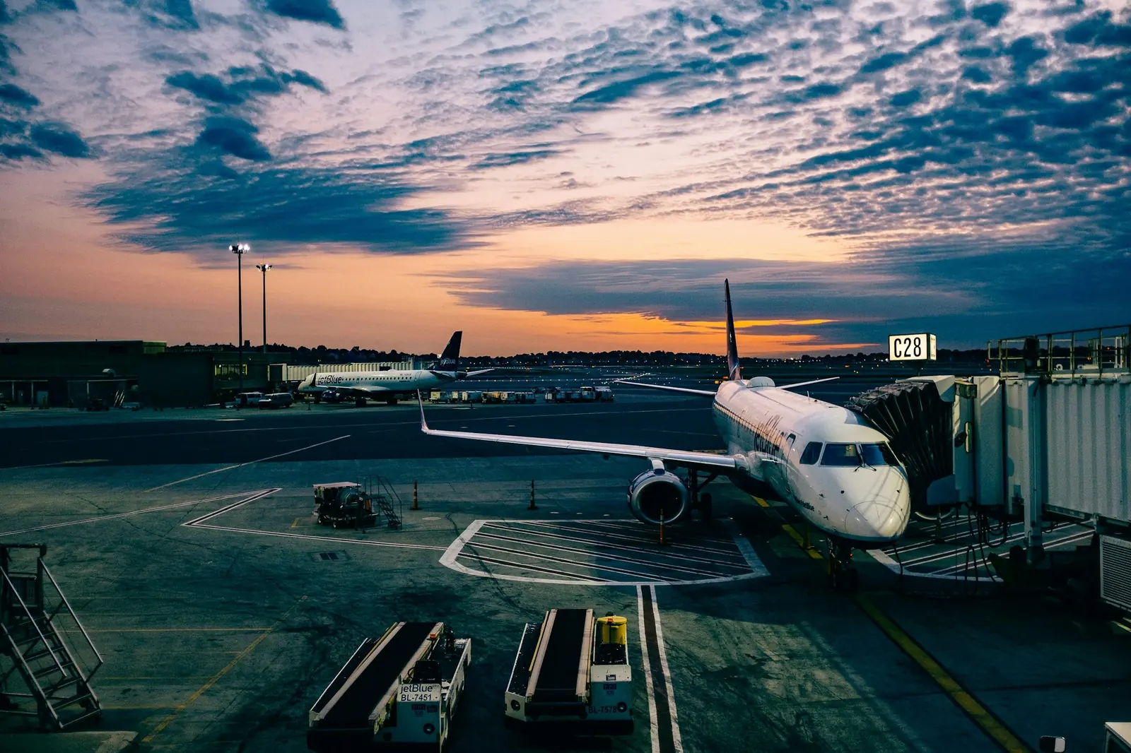 An airport apron at sunset