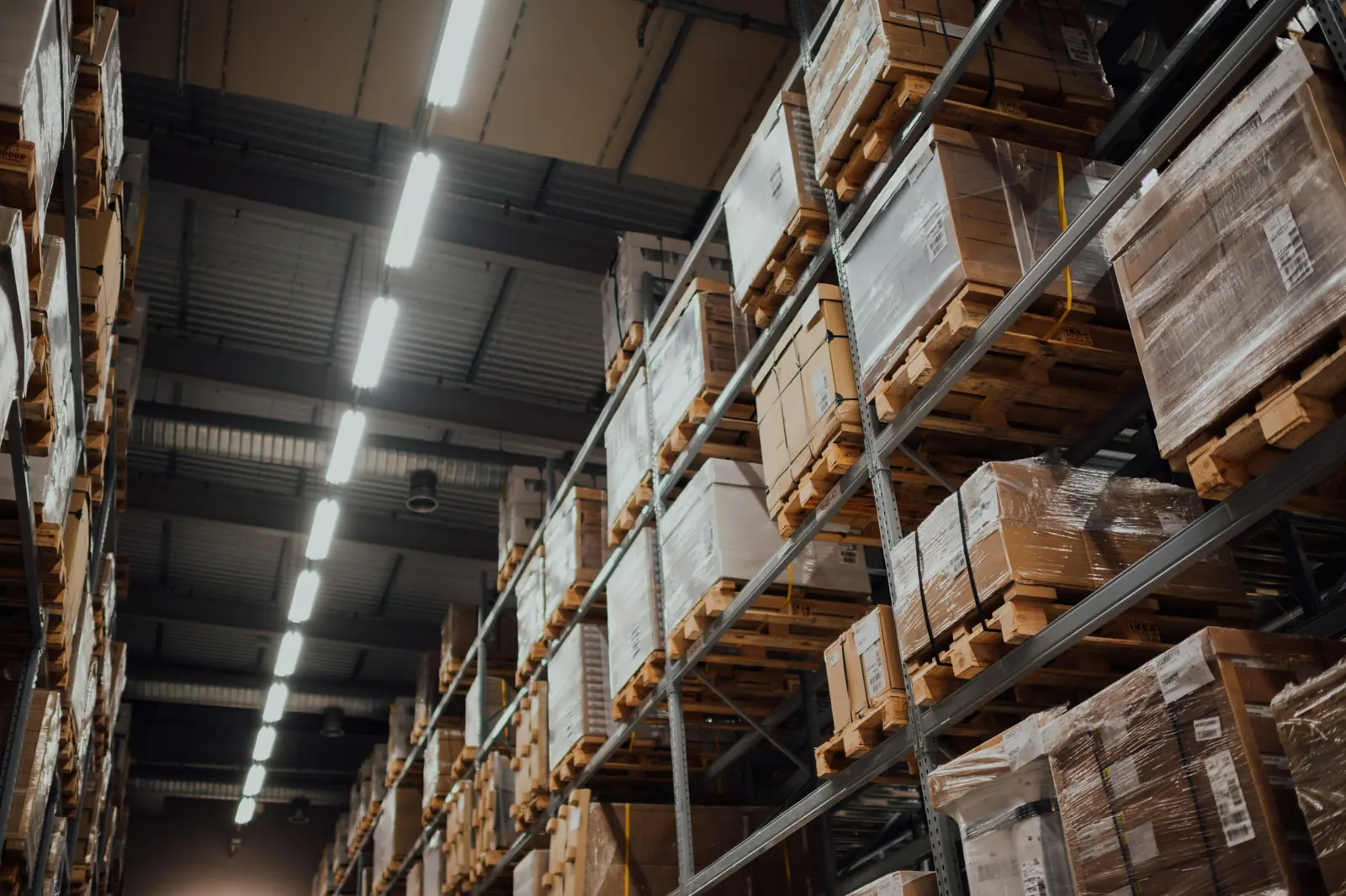 Warehouse racks with neatly stacked cargo